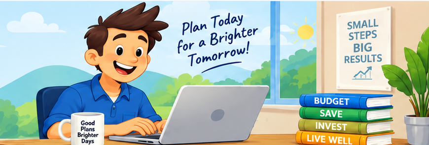 Cartoon illustration of a person using a laptop to plan a budget